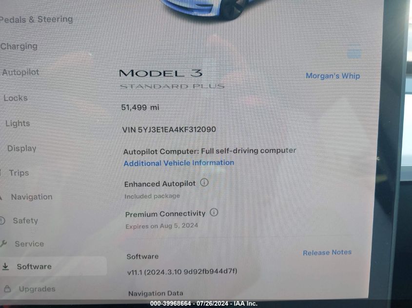 2019 Tesla Model 3 Long Range/Mid Range/Standard Range/Standard Range Plus VIN: 5YJ3E1EA4KF312090 Lot: 39968664