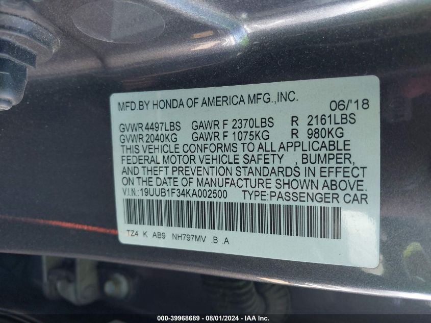 19UUB1F34KA002500 2019 Acura Tlx Standard