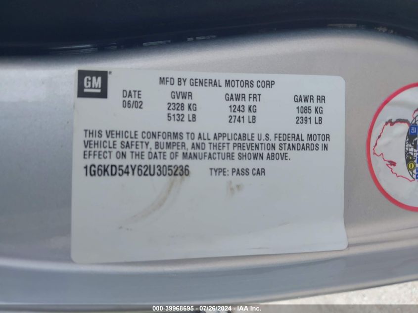2002 Cadillac Deville Standard VIN: 1G6KD54Y62U305236 Lot: 39968695