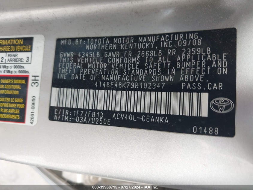 2009 Toyota Camry Se/Le/Xle VIN: 4T4BE46K79R102347 Lot: 39968715