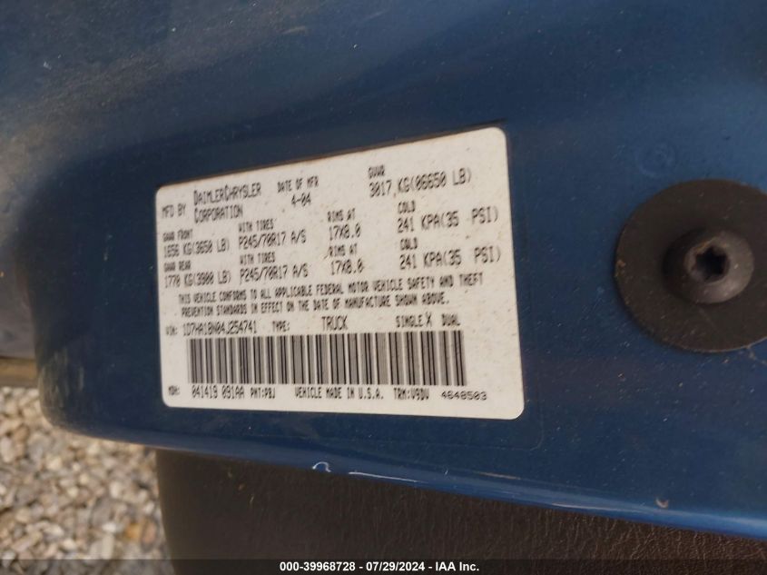 2004 Dodge Ram 1500 St/Slt VIN: 1D7HA18N04J254741 Lot: 39968728