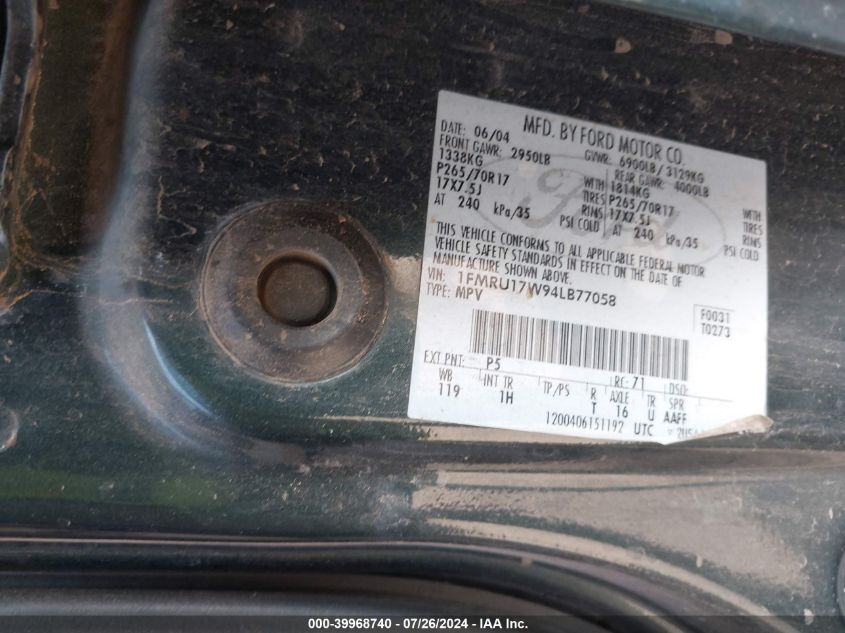 2004 Ford Expedition Eddie Bauer VIN: 1FMRU17W94LB77058 Lot: 39968740