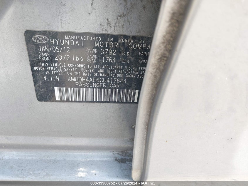 2012 Hyundai Elantra Gls (Ulsan Plant) VIN: KMHDH4AE6CU417644 Lot: 39968752
