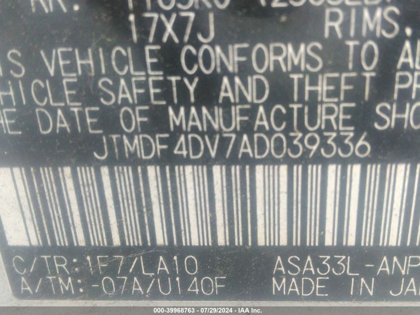 2010 Toyota Rav4 Limited VIN: JTMDF4DV7AD039336 Lot: 39968763