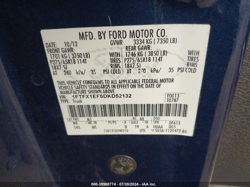 2013 Ford F150 Super Cab VIN: 1FTFX1EF6DKD52132 Lot: 39968774