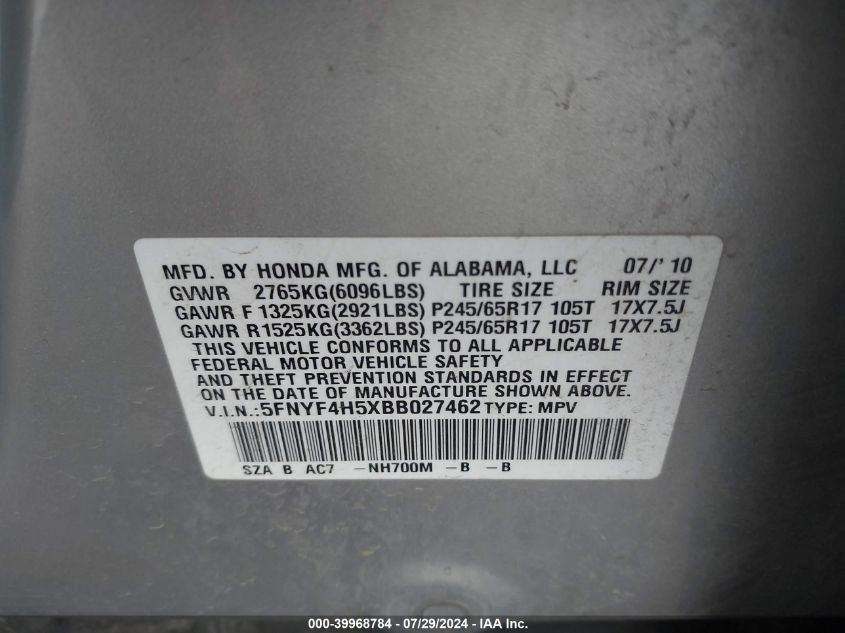 2011 Honda Pilot Ex-L VIN: 5FNYF4H5XBB027462 Lot: 39968784