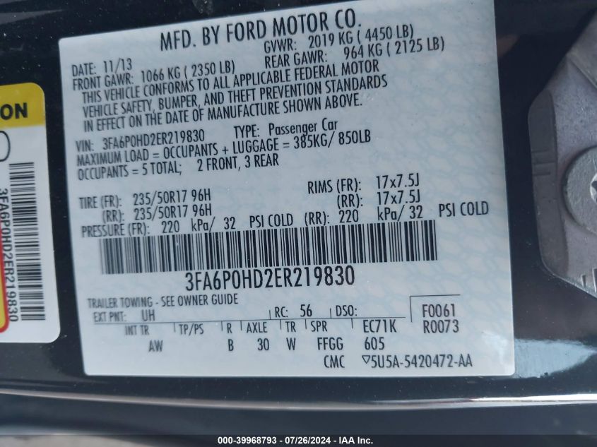 2014 Ford Fusion Se VIN: 3FA6P0HD2ER219830 Lot: 39968793