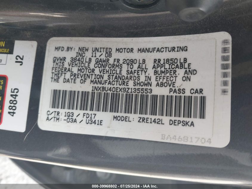 2009 Toyota Corolla S VIN: 1NXBU40EX9Z135553 Lot: 39968802