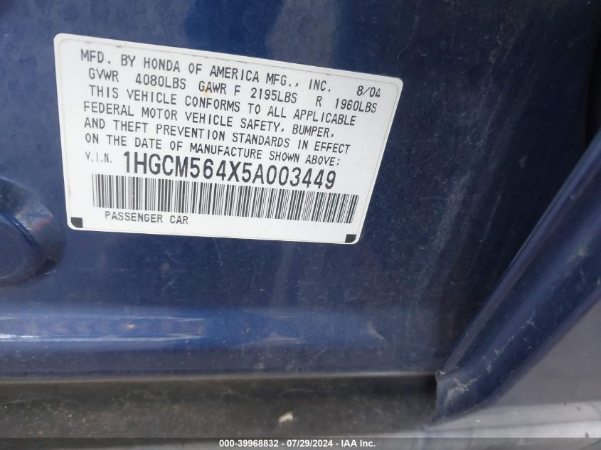 2005 Honda Accord 2.4 Lx VIN: 1HGCM564X5A003449 Lot: 39968832