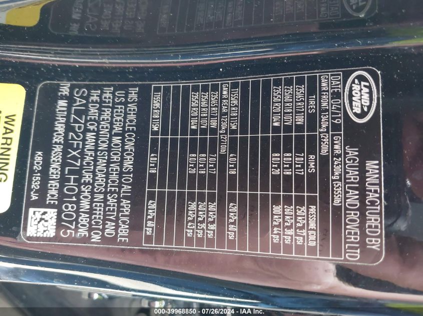 2020 Land Rover Range Rover Evoque Se VIN: SALZP2FX7LH018075 Lot: 39968850