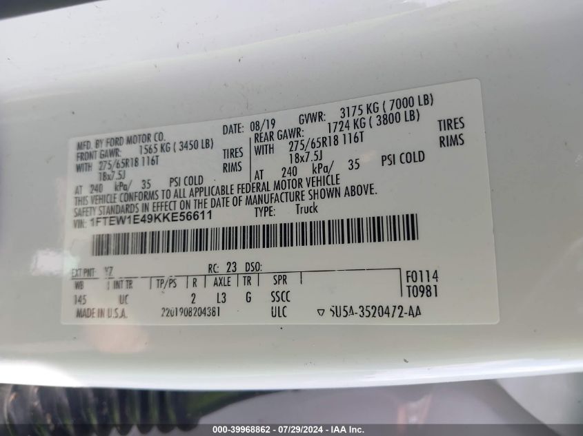 2019 Ford F-150 Xlt VIN: 1FTEW1E49KKE56611 Lot: 39968862