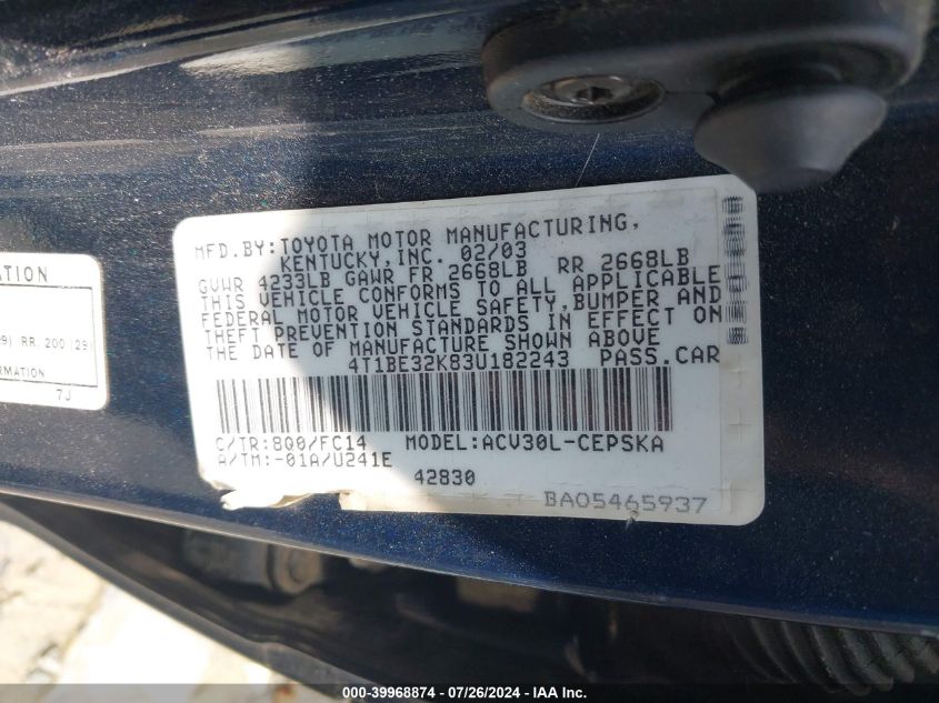 2003 Toyota Camry Se VIN: 4T1BE32K83U182243 Lot: 39968874