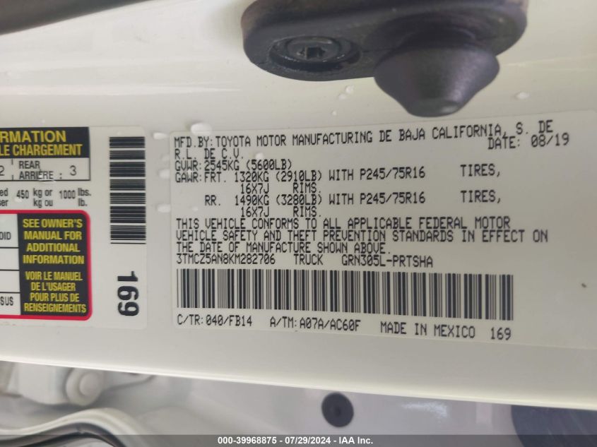 2019 Toyota Tacoma Sr V6 VIN: 3TMCZ5AN8KM282706 Lot: 39968875