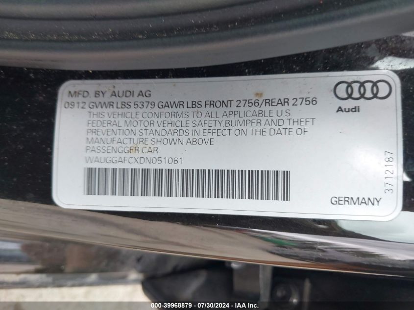 2013 Audi A6 Premium Plus VIN: WAUGGAFCXDN051061 Lot: 39968879