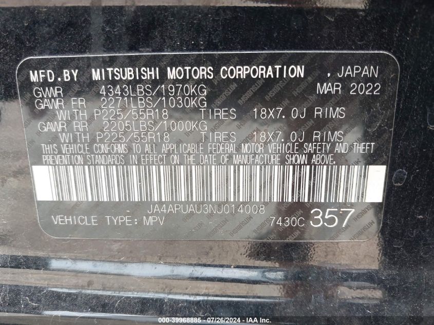 2022 Mitsubishi Outlander Sport 2.0 Be 2Wd/2.0 Es 2Wd/2.0 Le 2Wd/2.0 S 2Wd VIN: JA4APUAU3NU014008 Lot: 39968885