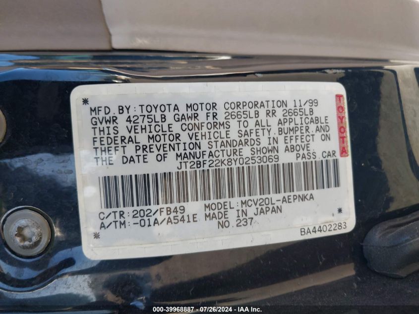 2000 Toyota Camry Le V6 VIN: JT2BF22K8Y0253069 Lot: 39968887