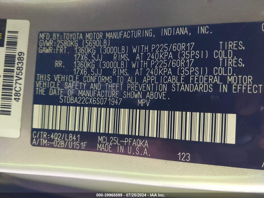 2006 Toyota Sienna Xle Limited VIN: 5TDBA22CX6S071947 Lot: 39968899