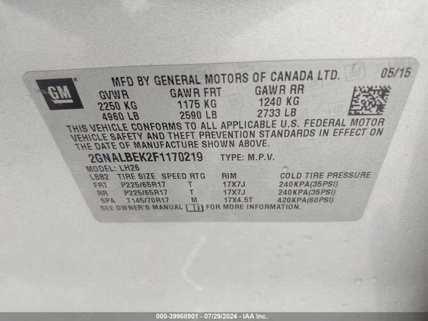 2015 Chevrolet Equinox 1Lt VIN: 2GNALBEK2F1170219 Lot: 39968901