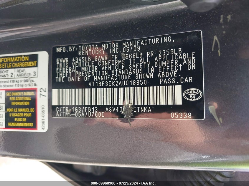 2010 Toyota Camry Le VIN: 4T1BF3EK2AU018850 Lot: 39968908