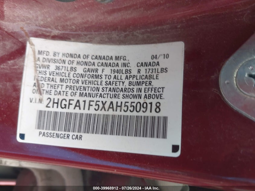 2010 Honda Civic Lx VIN: 2HGFA1F5XAH550918 Lot: 39968912