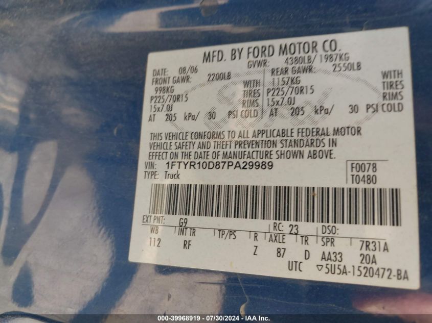 2007 Ford Ranger Stx/Xl/Xlt VIN: 1FTYR10D87PA29989 Lot: 39968919