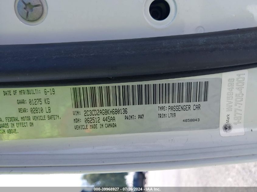 2019 Dodge Challenger Sxt VIN: 2C3CDZAG8KH680136 Lot: 39968927