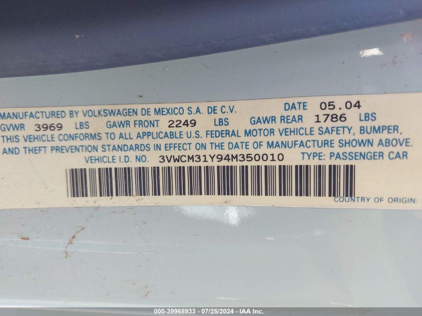 2004 Volkswagen New Beetle Gls VIN: 3VWCM31Y94M350010 Lot: 39968933