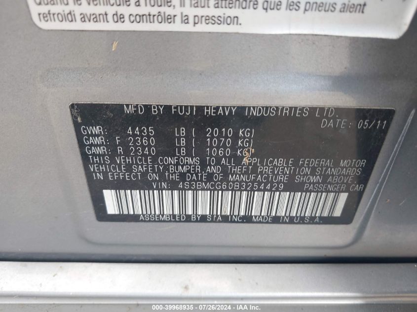2011 Subaru Legacy 2.5I Premium VIN: 4S3BMCG60B3254429 Lot: 39968935