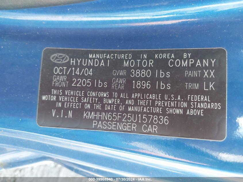 2005 Hyundai Tiburon Gt/Se VIN: KMHHN65F25U157836 Lot: 39968940