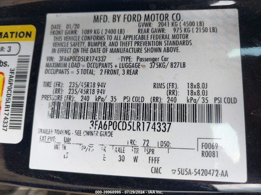 2020 FORD FUSION SEL - 3FA6P0CD5LR174337