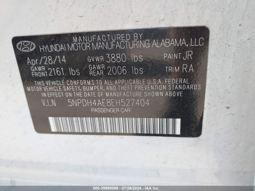 2014 Hyundai Elantra Se VIN: 5NPDH4AE8EH527404 Lot: 39969009