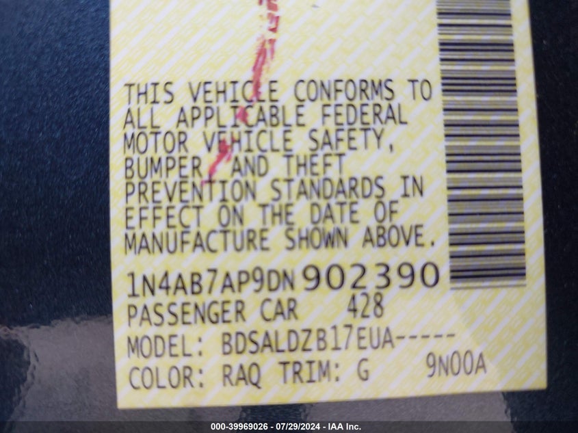 2013 Nissan Sentra Sv VIN: 1N4AB7AP9DN902390 Lot: 39969026