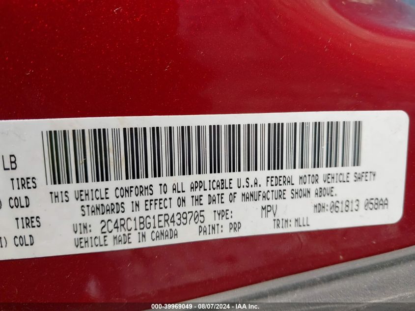 2014 Chrysler Town & Country Touring VIN: 2C4RC1BG1ER439705 Lot: 39969049