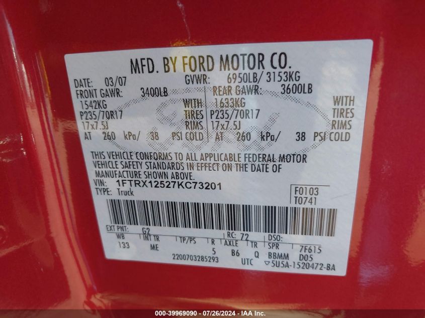 2007 Ford F-150 Lariat/Xlt VIN: 1FTRX12527KC73201 Lot: 39969090