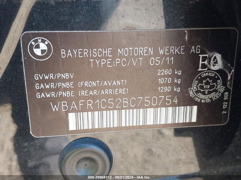 2011 BMW 528 I VIN: WBAFR1C52BC750754 Lot: 39969112