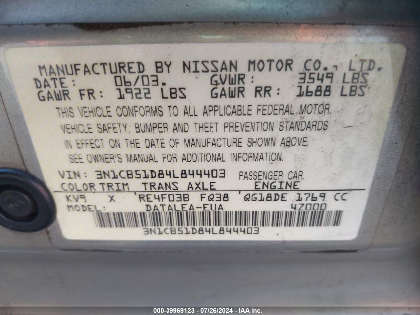 2004 Nissan Sentra 1.8S VIN: 3N1CB51D84L844403 Lot: 39969123