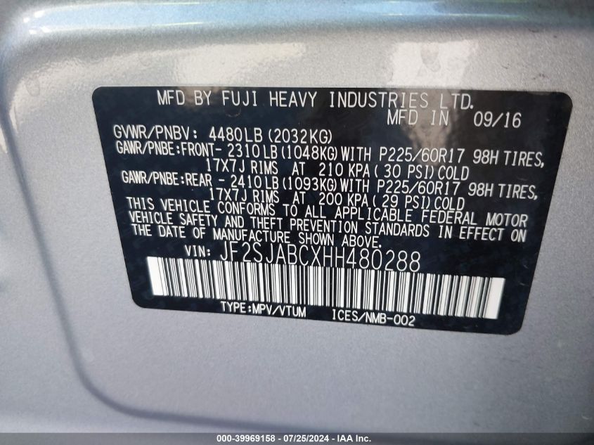 2017 Subaru Forester 2.5I VIN: JF2SJABCXHH480288 Lot: 39969158