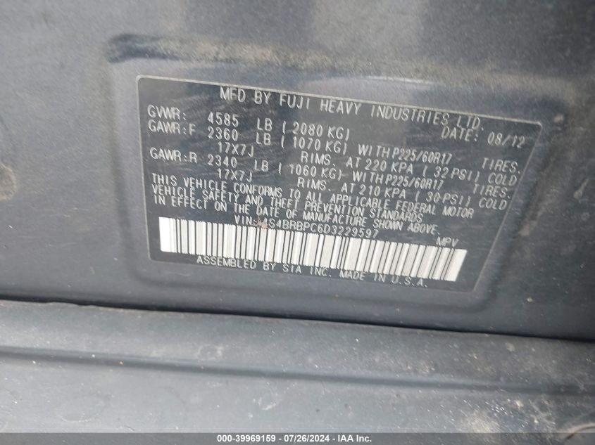 2013 Subaru Outback 2.5I Limited VIN: 4S4BRBPC6D3229597 Lot: 39969159