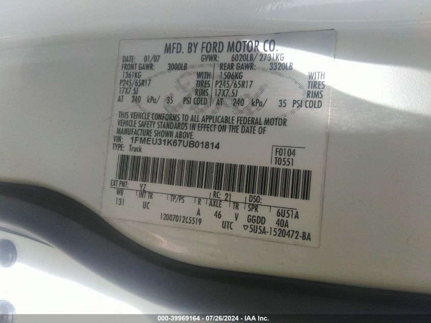 2007 Ford Explorer Sport Trac Xlt VIN: 1FMEU31K67UB01814 Lot: 39969164