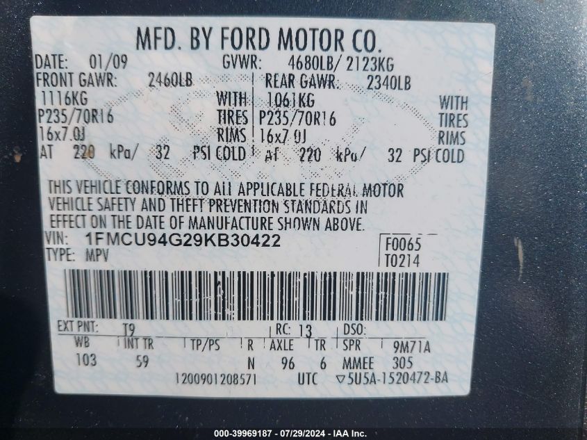 2009 Ford Escape Limited VIN: 1FMCU94G29KB30422 Lot: 39969187