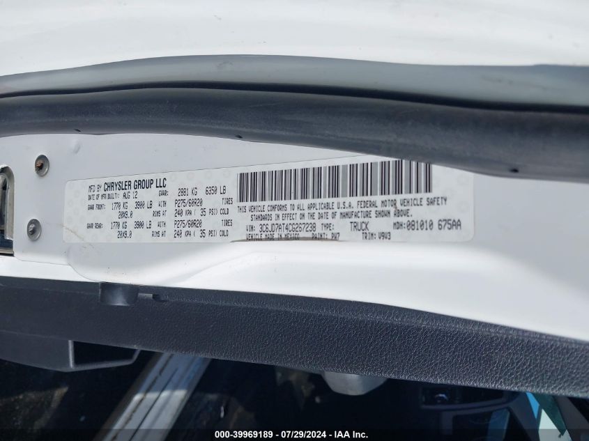 2012 Ram 1500 St VIN: 3C6JD7AT4CG267238 Lot: 39969189