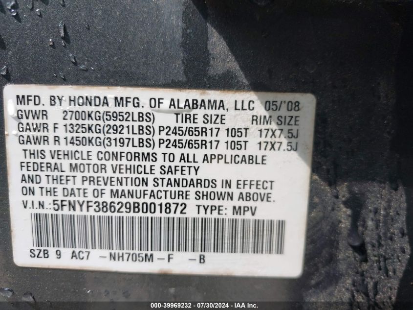 2009 Honda Pilot Ex-L VIN: 5FNYF38629B001872 Lot: 39969232
