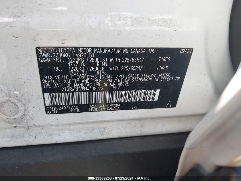2021 Toyota Rav4 Hybrid Xle VIN: 2T3RWRFV8MW109272 Lot: 39969258
