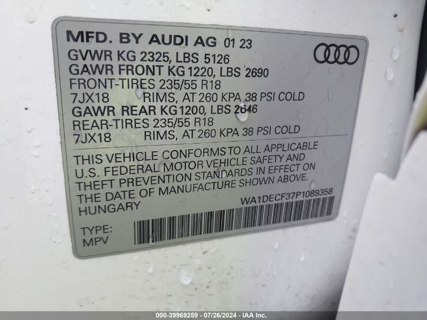 2023 Audi Q3 Premium S Line 45 VIN: WA1DECF37P1089358 Lot: 39969259