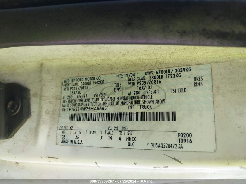 2005 Ford E-150 Commercial/Recreational VIN: 1FTRE14W75HA86851 Lot: 39969267