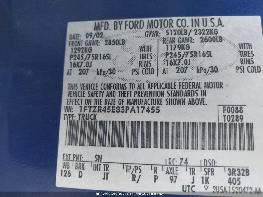 2003 Ford Ranger Edge/Xlt VIN: 1FTZR45E83PA17455 Lot: 39969284