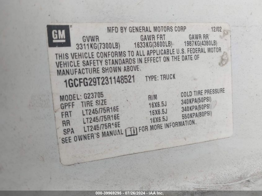 2003 Chevrolet Express VIN: 1GCFG29T231148521 Lot: 39969295