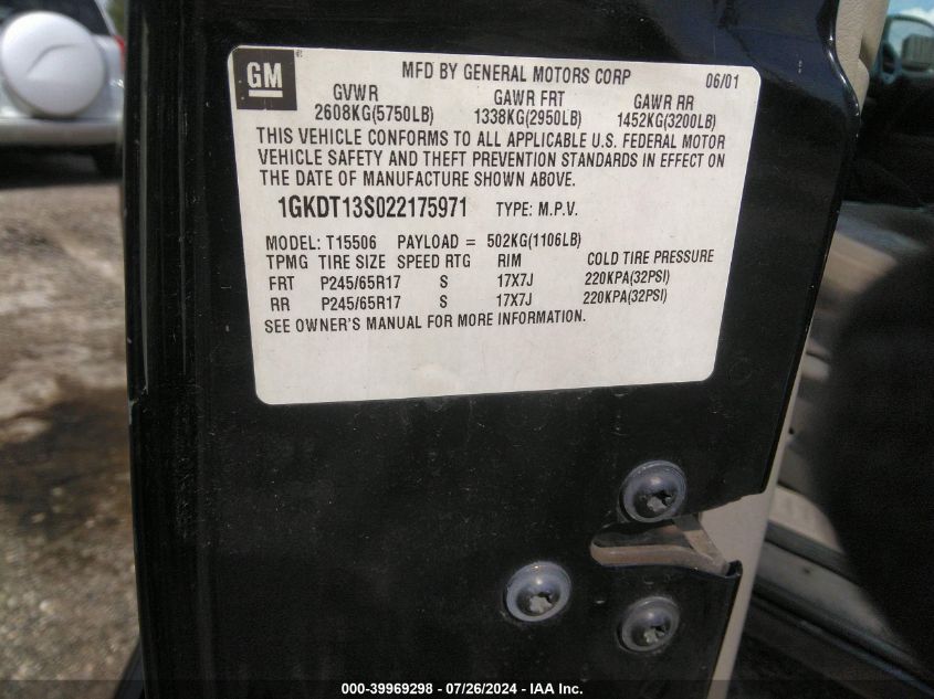 2002 GMC Envoy Sle VIN: 1GKDT13S022175971 Lot: 39969298