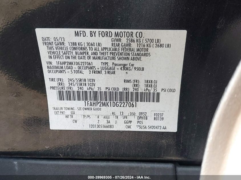 2013 Ford Police Interceptor Police Interceptor VIN: 1FAHP2MK1DG227061 Lot: 39969305