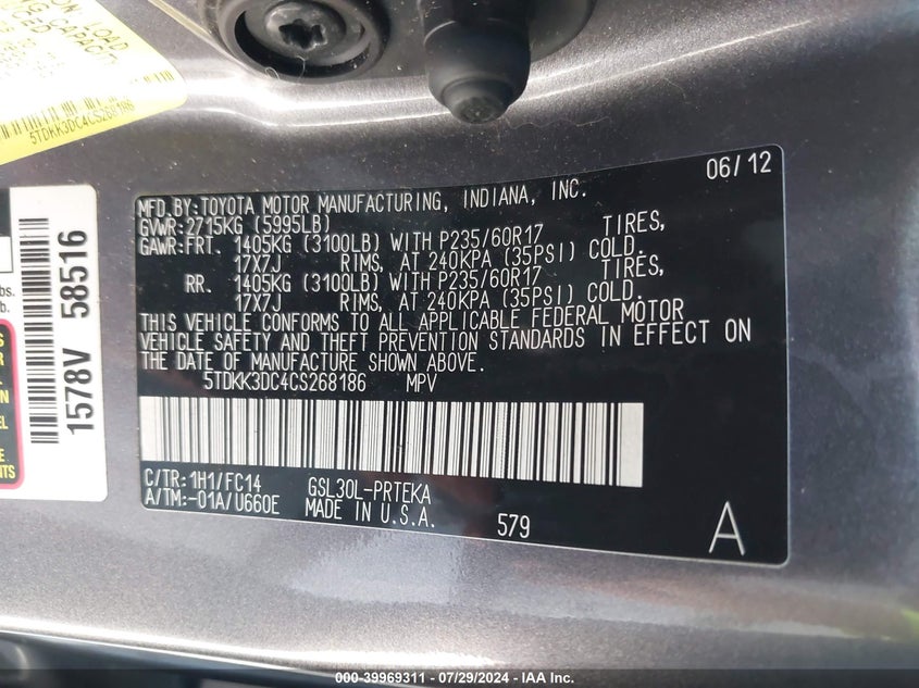 2012 Toyota Sienna Le VIN: 5TDKK3DC4CS268186 Lot: 39969311